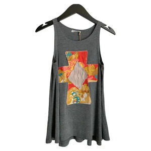 NWT Lost Petal Linen Gray Women's Tank Size Small Patchwork Cross Swing Top